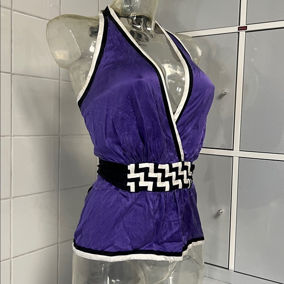 Bebe 2008 Silky Purple Peplum Deep Plunge Halter XS - Picture 2 of 16